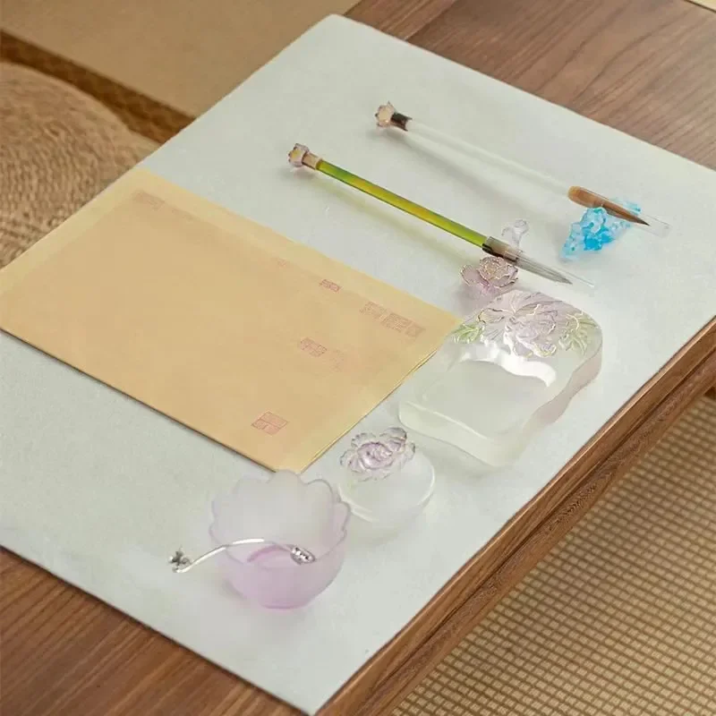 Handmade Glazed Ceramic Pen Rest Peony Lake Design Traditional Chinese Calligraphy Brush Holder Ornament Gift Box Set for