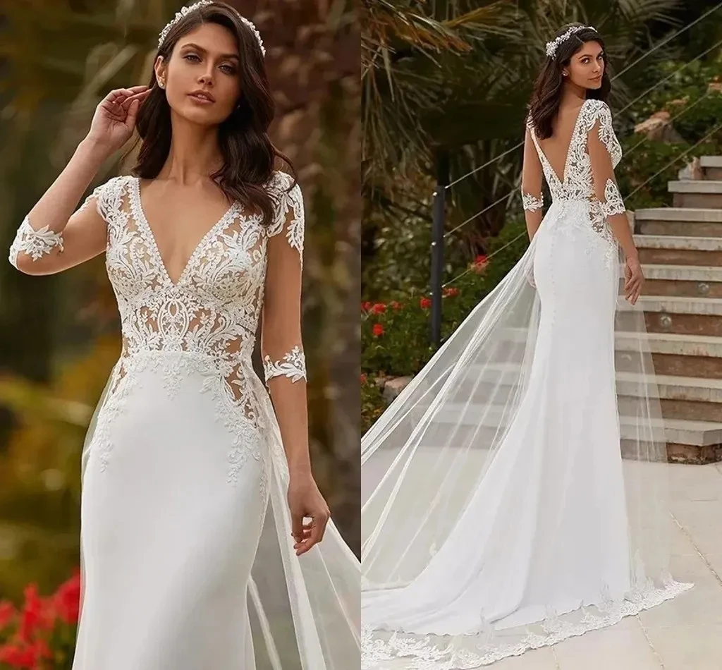 Vestido de noiva sereia, estilo v, tule, meia ilusão, manga sete quartos, elegante, vestido de praia, novo design