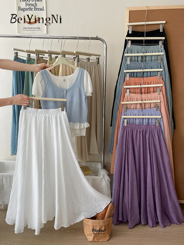 

Beiyingni Korean Women Cotton Linen Maxi A-line Skirts Casual Large Size Leisure Elastic Waist Skirts Woman Boho White Jupes