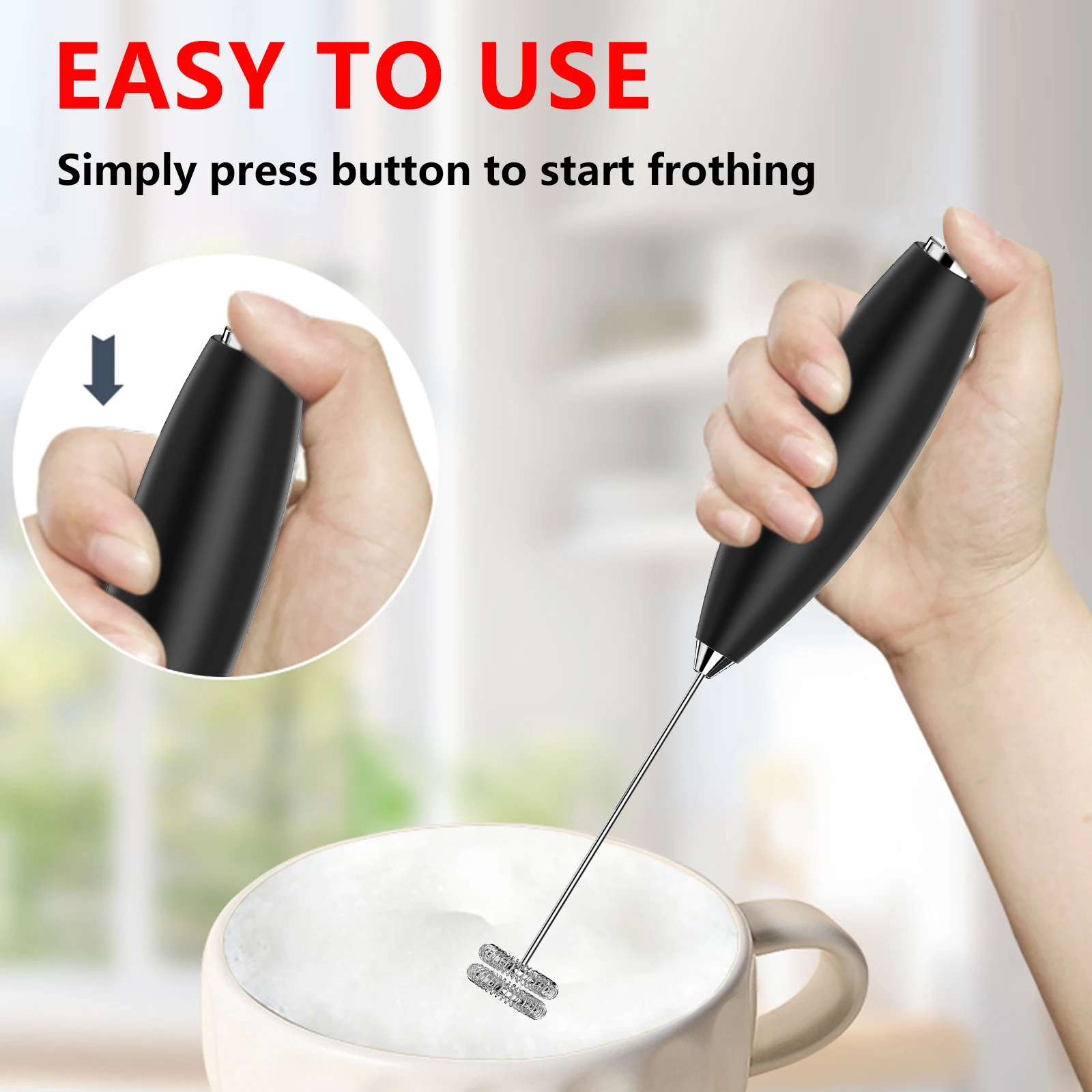 رغوة الحليب الكهربائية المحمولة مع خفاقة من الفولاذ المقاوم للصدأ قابلة للفصل مناسبة لخلط قهوة الحليب والمشروبات المختلفة