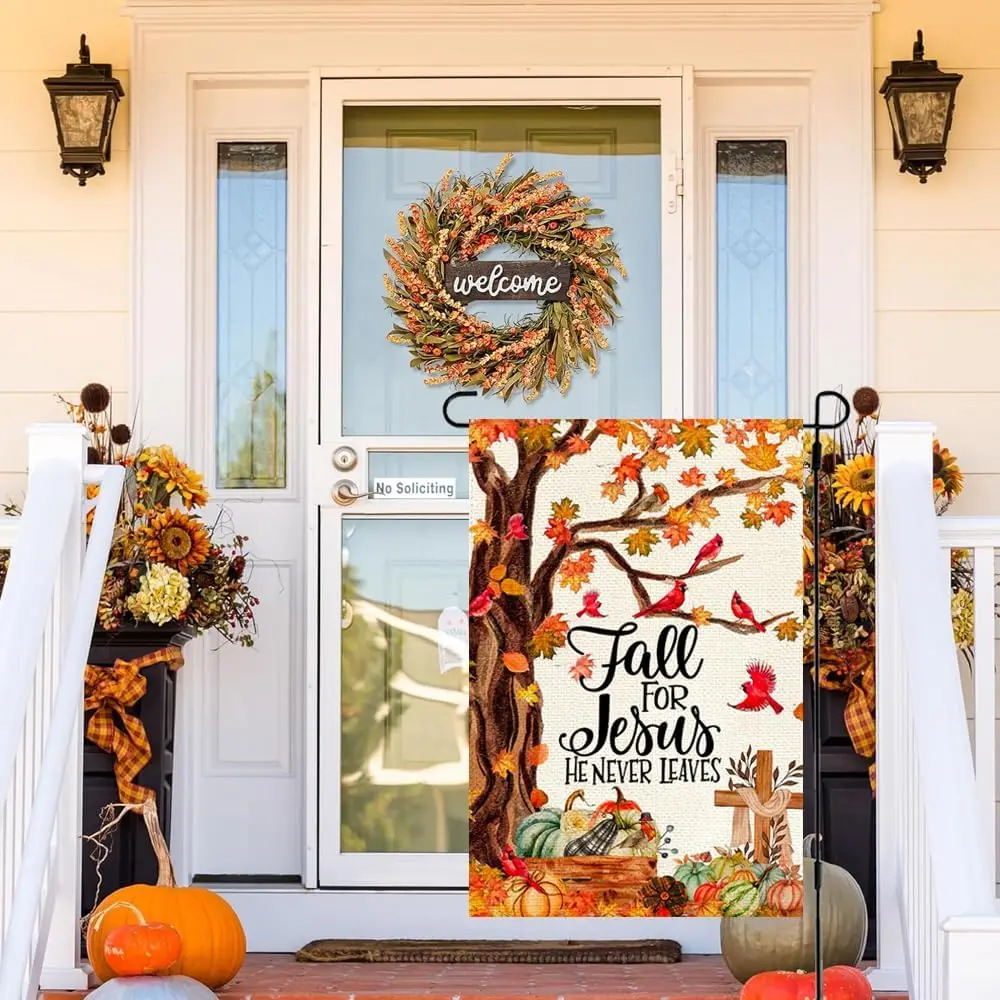 RABUSOFA Fall for Jesus Garden Flag 12x18 Inch Double Sided for Outside, Autumn Maple He Never Leaves Cardinal Pumpkin Outdoor S