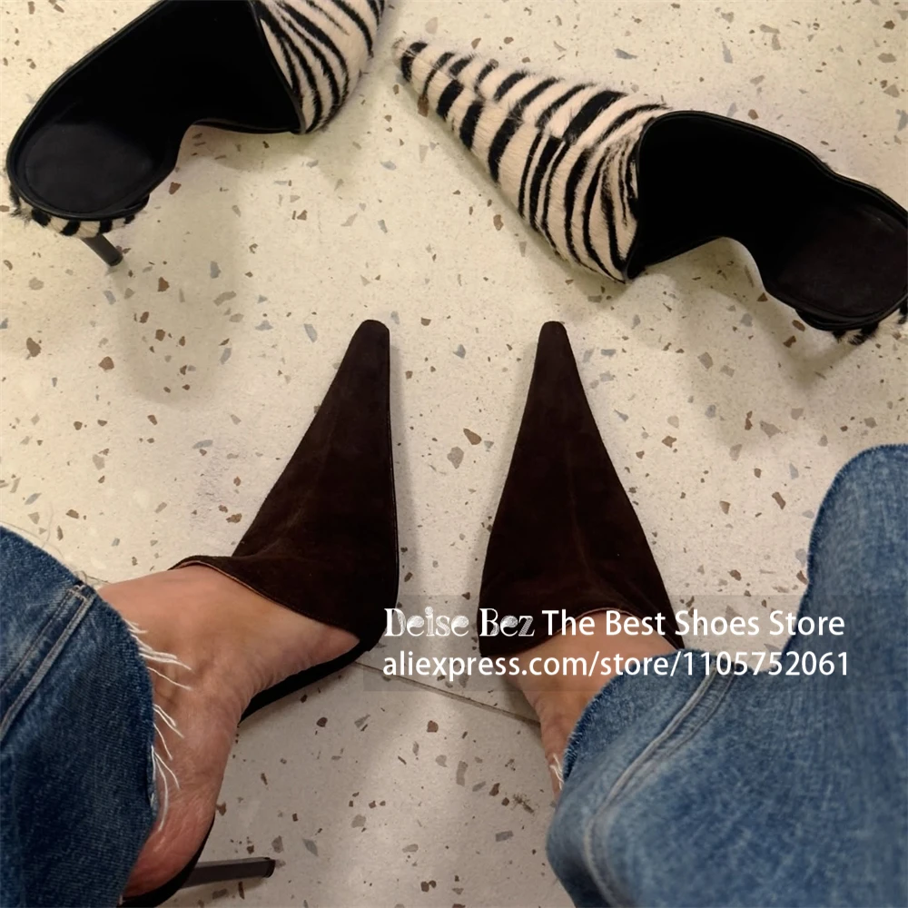Pony Hair Zebra Striped Closed Toe Mules Ultra Sharp Pointed Toe Stiletto Heel Mules Designer Style Handmade Slippers for Women
