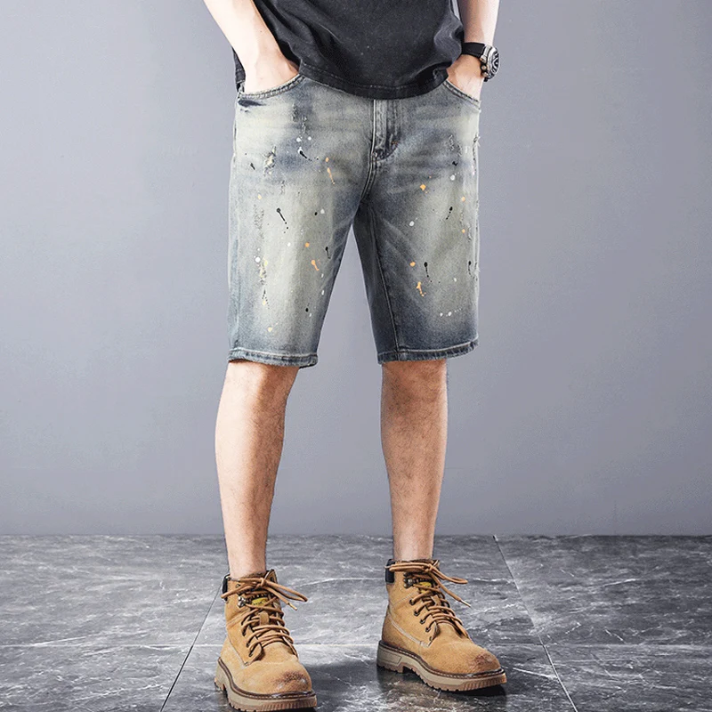 Summer Fashion Men Jeans Retro Light Blue Stretch Ripped Short Jeans Homme Painted Designer Hip Hop Vintage Denim Shorts Men