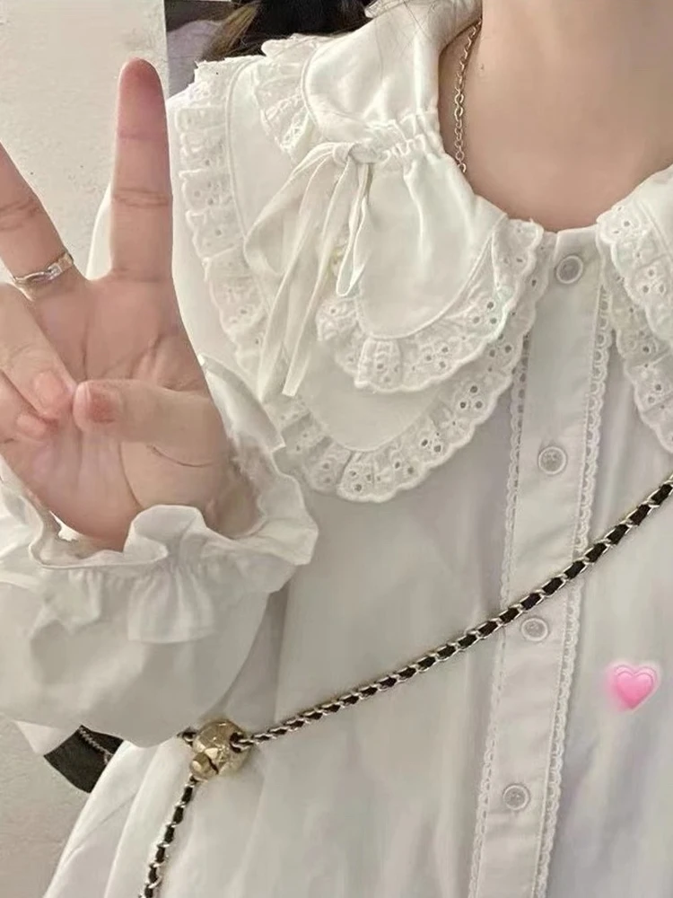 Pastoral Mori 일본 오리지널 로리타 인형 칼라 레이스 업 셔츠 달콤하고 귀여운 소녀 흰색 레이스 다목적 긴팔 탑