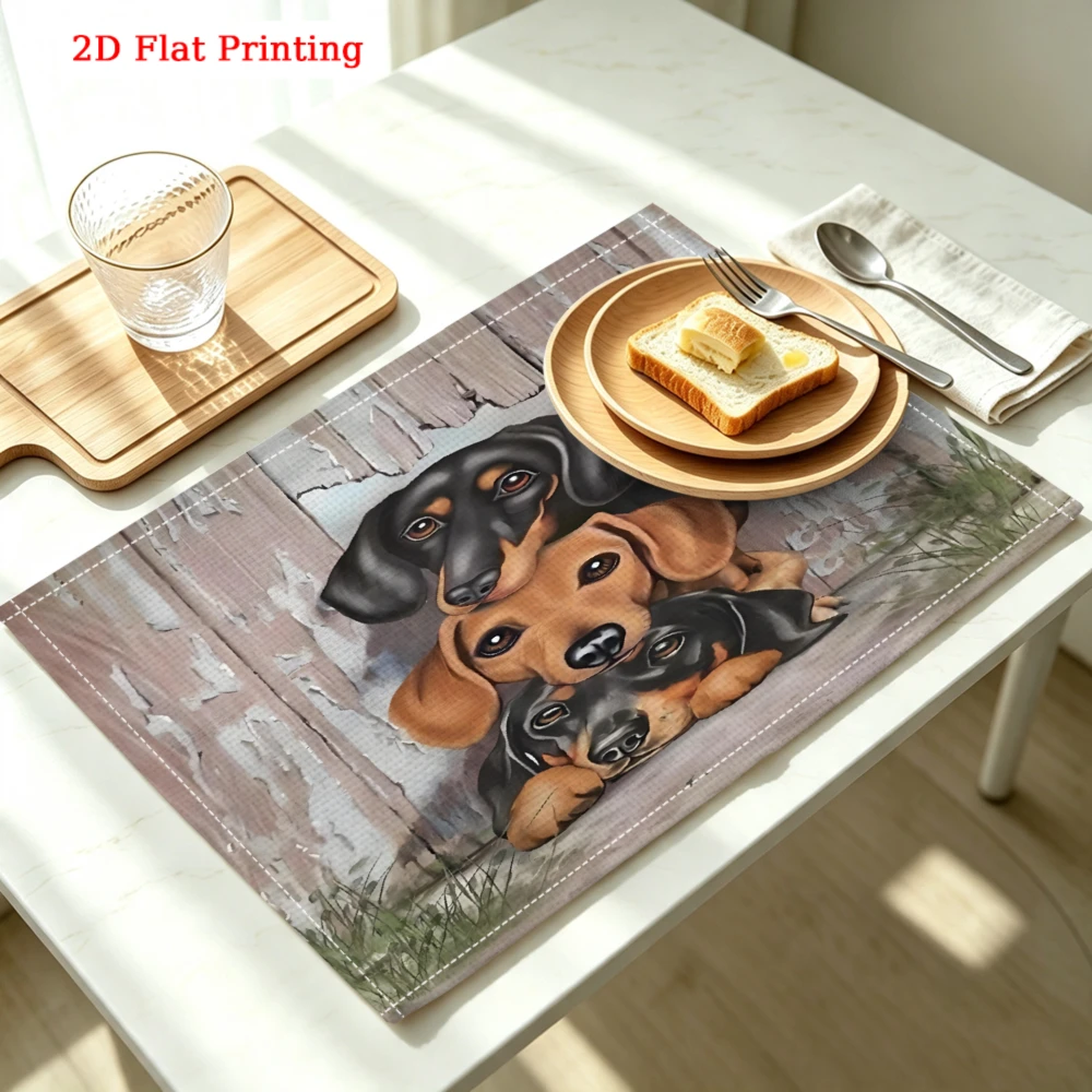 2Pcs Cute Dachshund Puppy Placemat Brown Wood Grain Print Table Mat Kitchen Dining Decor Non Slip Heat Resistant 30X40Cm
