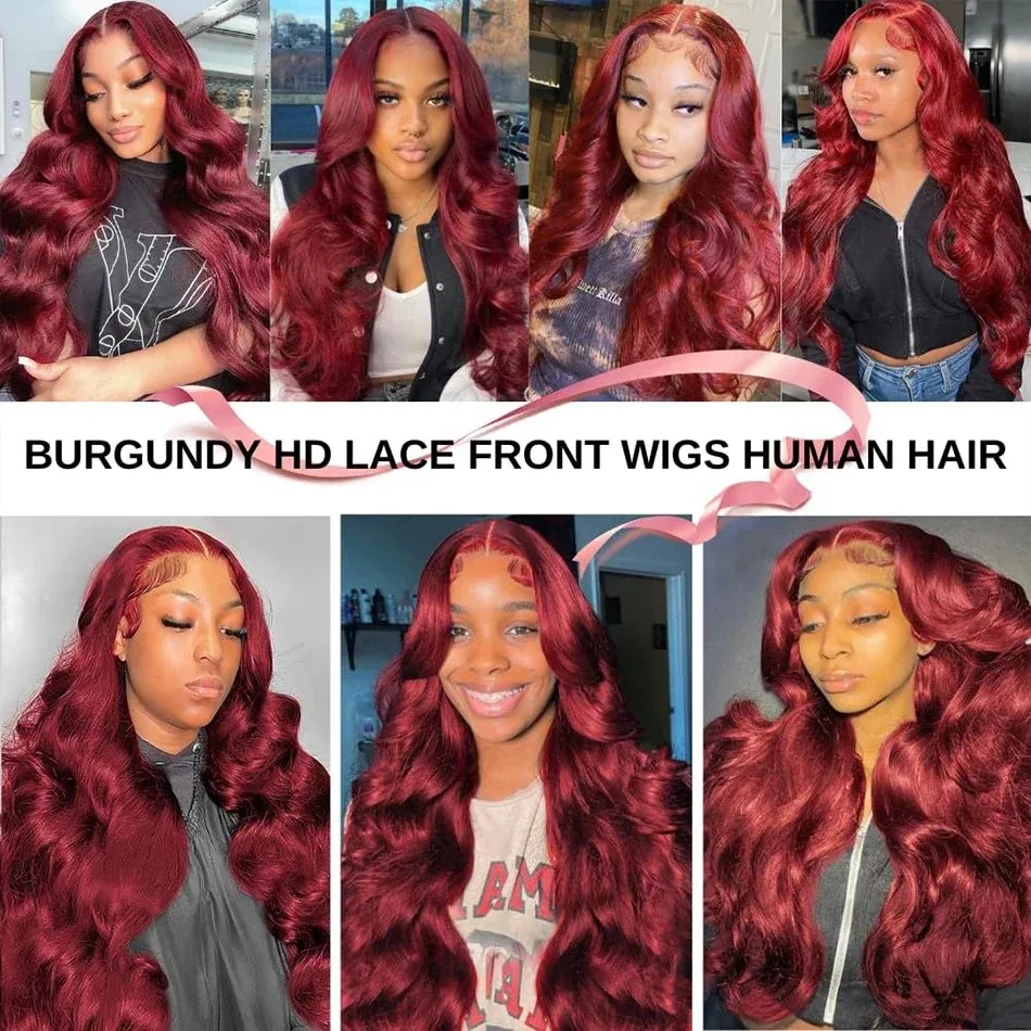 200 Density 99J Burgundy 13x4 HD Body Wave Lace Front Human Hair Wigs 36 Inch Red Colored 13X6 Frontal Wig for Women