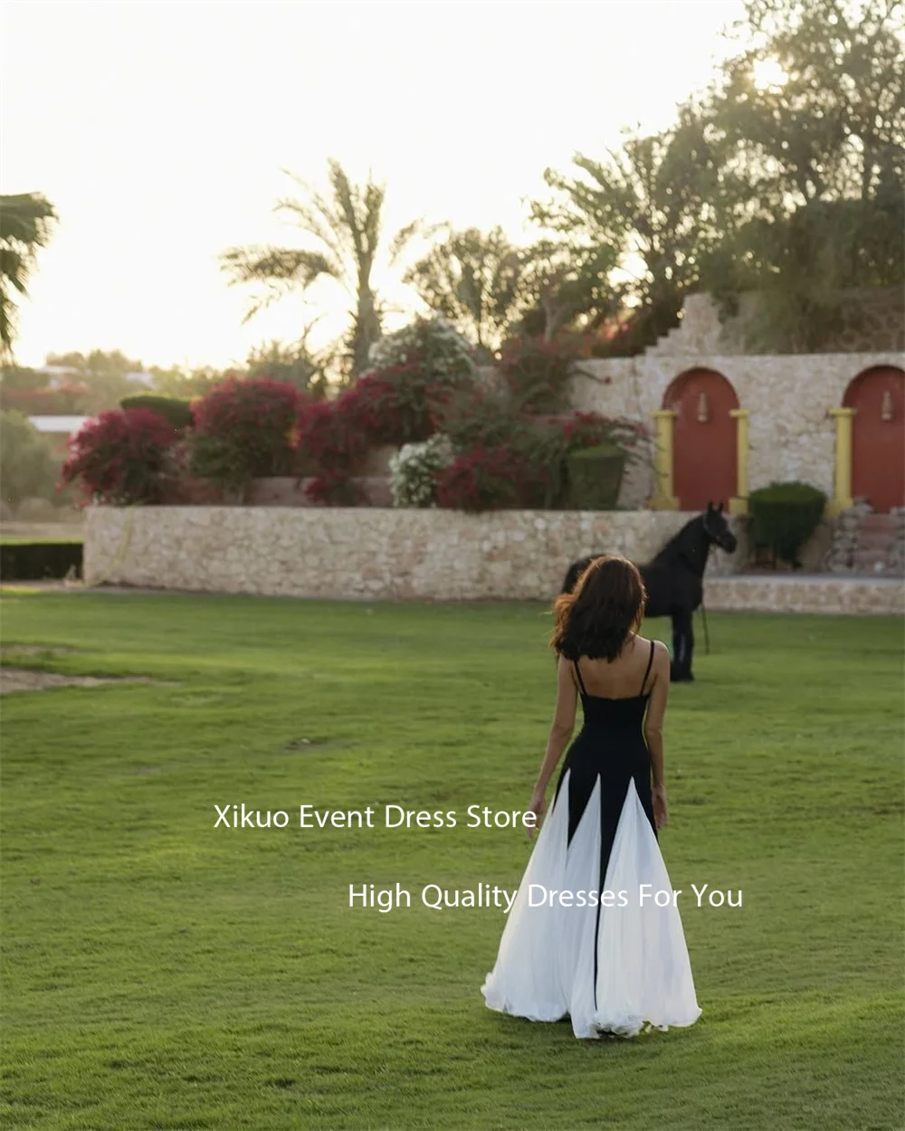 فساتين سهرة عصرية باللونين الأبيض والأسود من Xikuo بحزام سباغيتي على شكل حرف A Abito Cerimonia Donna بفتحة عالية للحفلات الراقصة مخصصة