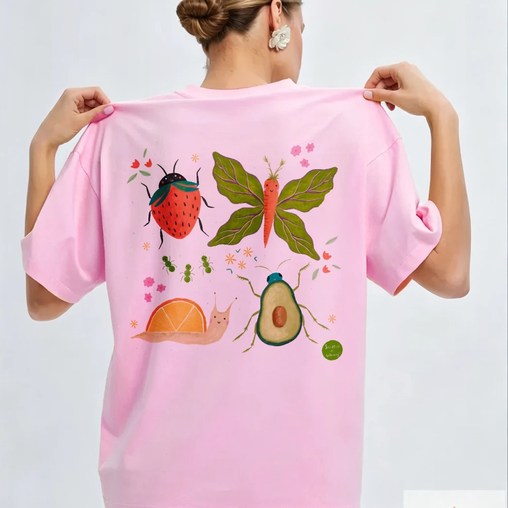Fruit-Insect Crew Neck Relaxed Fit Beige Floral Dots Strawberry Beetle Carrot Butterfly Avocado Spider Orange Snail Gothic Tops
