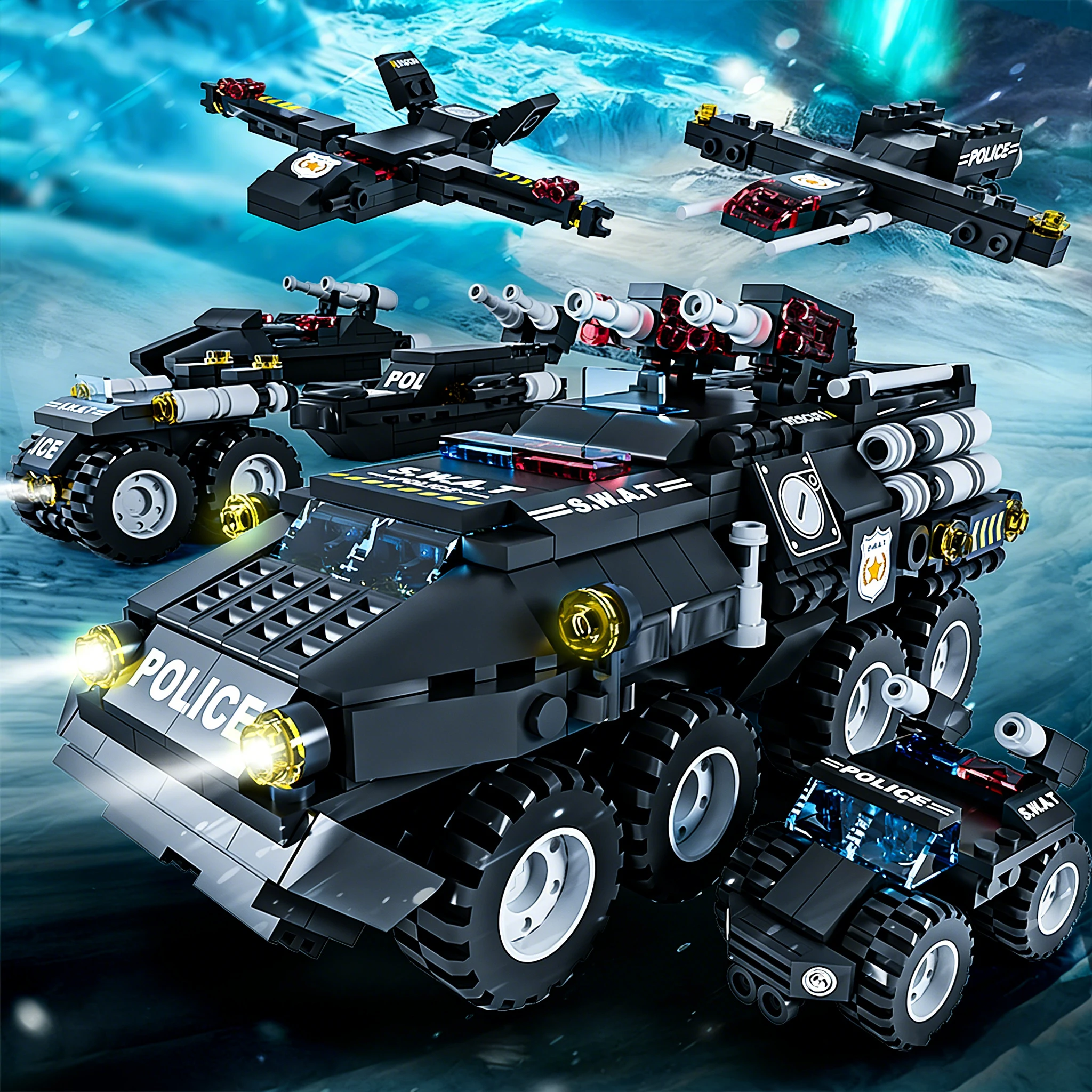 Police Car Building Blocks 6in1 SWAT Armored Vehicle Blocks Transformable Car Blocks DIY Kids Toys Christmas Holiday Gifts