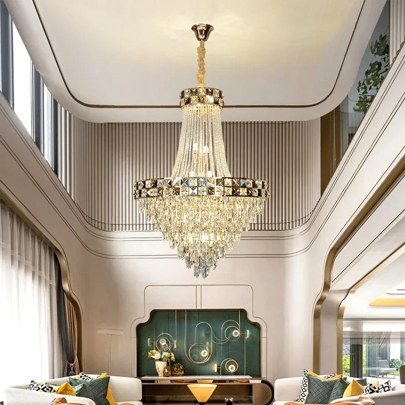 Luxury Crystal Chandelier High-End Atmosphere for Duplex Living Room Staircase Pendant Lights
