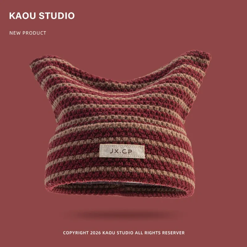 Japanische Dopamin-Mütze mit süßen Katzenohren, gestreift, gestrickt, mit Ohrenschutz und Wärmeisolierung, Y2k Skull Beanie für Männer und Frauen – Detail 3
