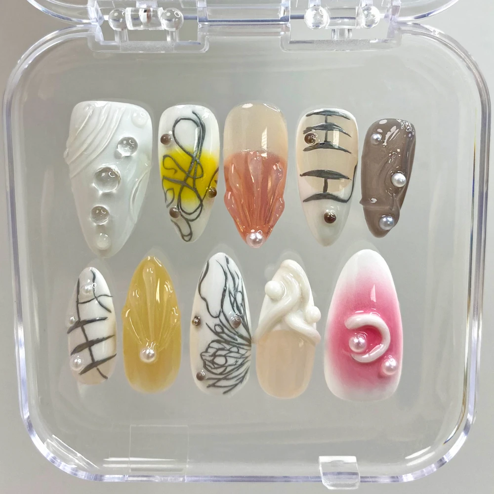 10 Pcs Handmade Manicure Medium Almond Fake Nails 2024 New 3D Limited Nails Press On Nails Design with Adhesive Nail File Set