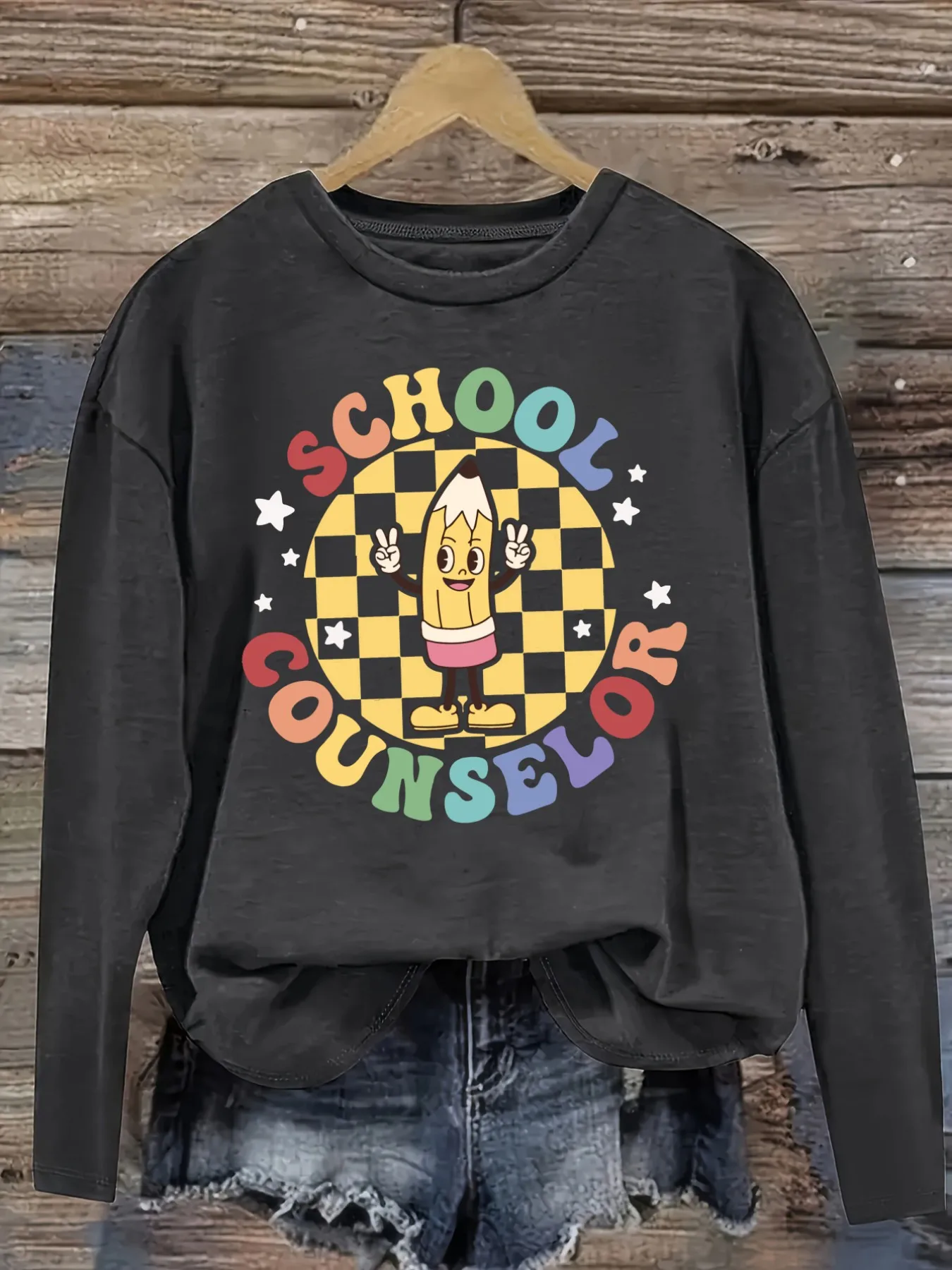 Women's Casual Long Sleeve Crew Neck T-Shirt School Counselor Pencil Graphic Print Design, Round Neck Women's Clothing, Machine Washable, Slightly Elastic, Loose Fit, Spring Autumn Winter Women's T-Shirt, Halloween Costume Outfit