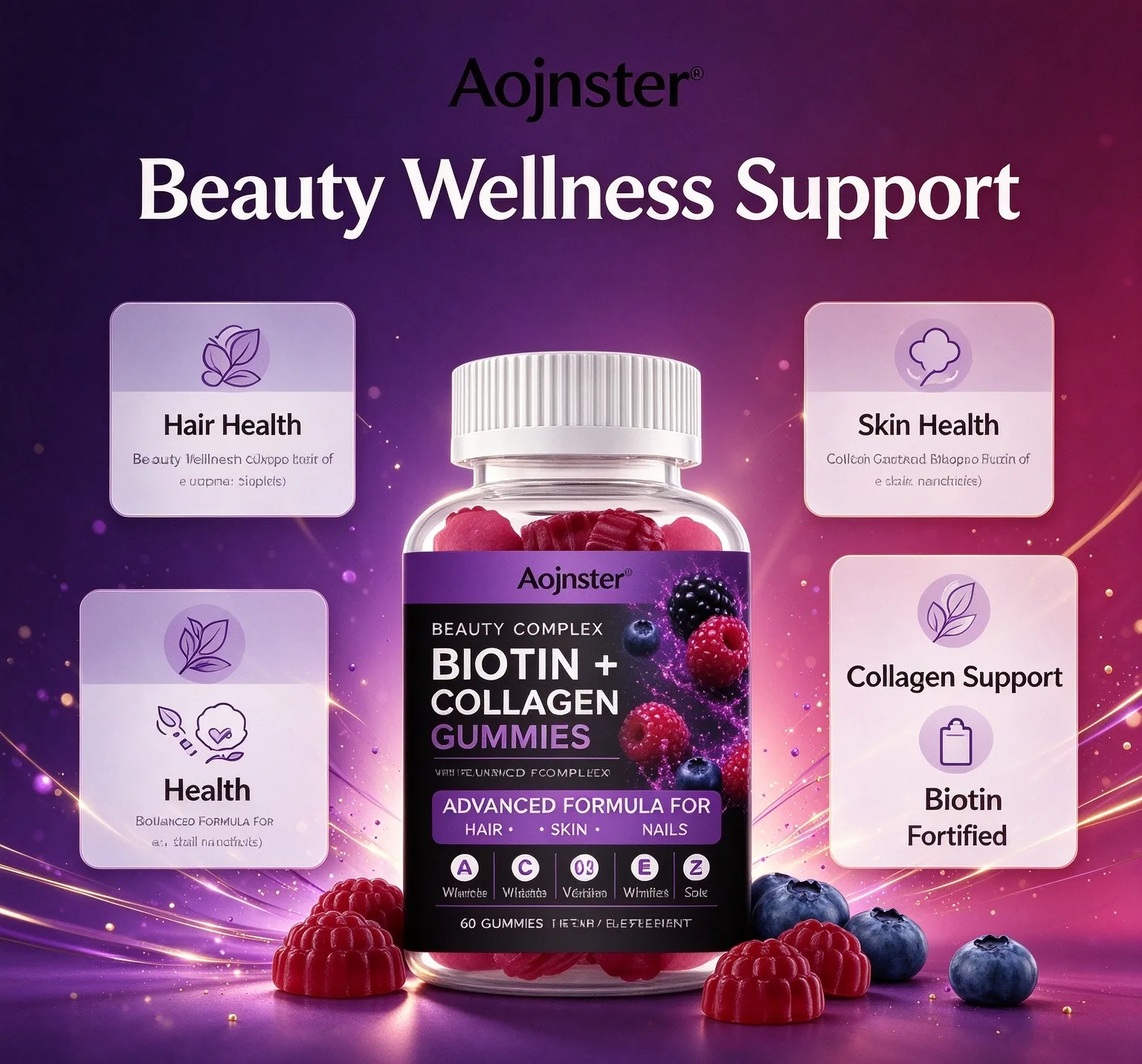 Beauty Complex Biotin & Collagen Gummies,Nutritional Support for Hair Skin Nails, 60 Count Dietary Supplement