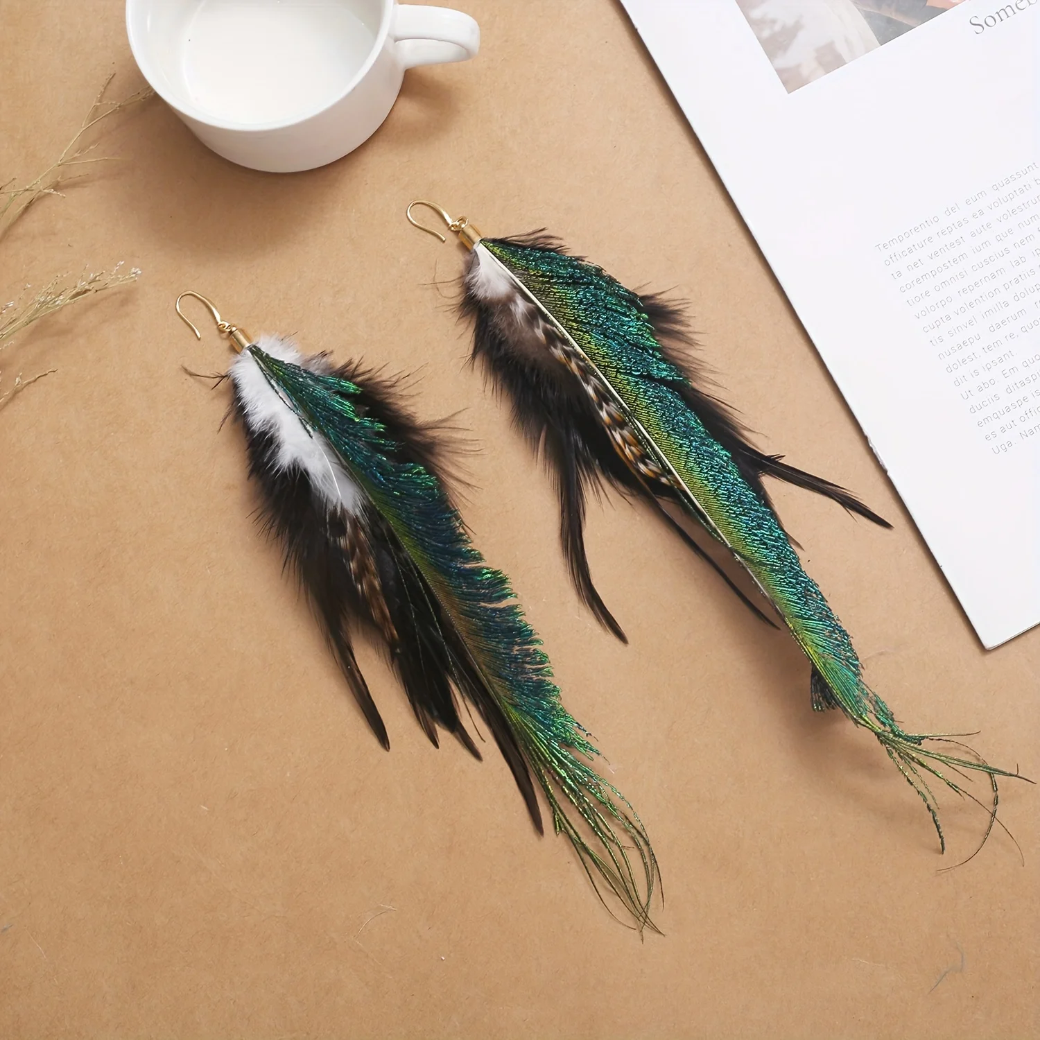 Exaggerated Feather Design Long Dangle Earrings Bohemian Vacation Style Holiday Ear Ornaments Female Gift