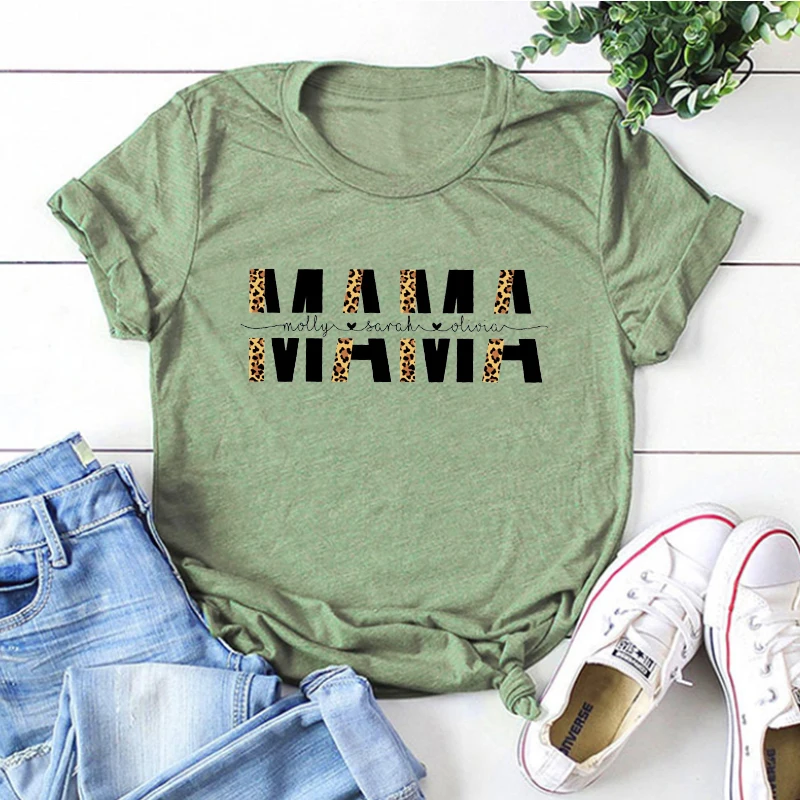 

Custom Mom Shirt with Kids Names Tshirt Leopard Print Personalized Mom Shirt Mother's Day Shirt Kid's Names Tee Gift for Mom