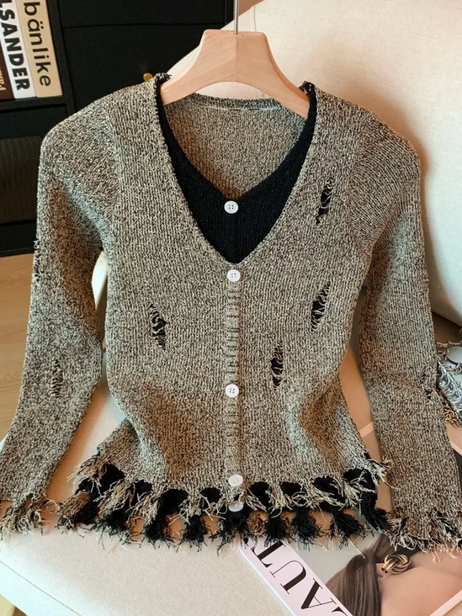 Feminino longo sve v-ne malhas borla design sensação início do outono cor blo buraco design auto-kee sle topo