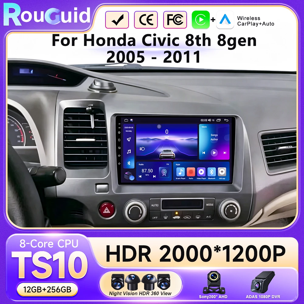 Android 16 Carplay For Honda Civic 8th 8gen 2005 - 2011 Auto Radio Stereo GPS Navigation Multimidia Player screen WIFI 8core