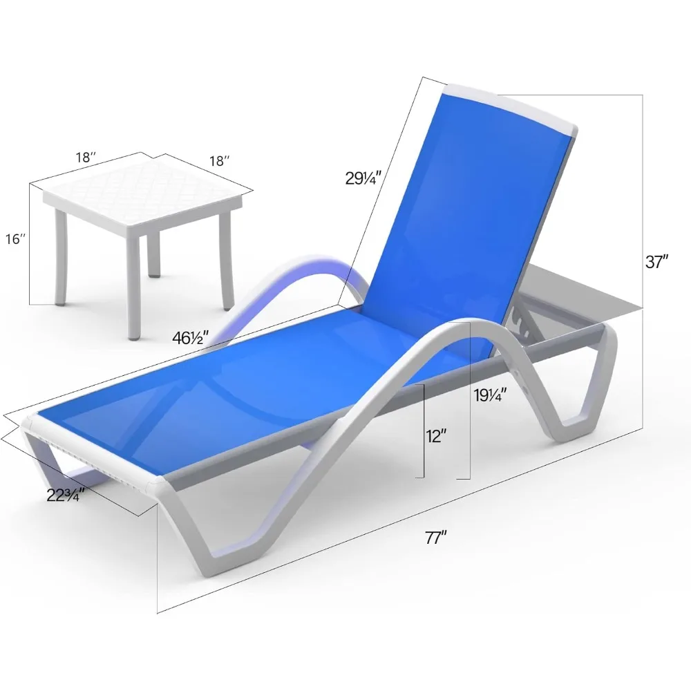 Outdoor lounge chair set of 3, made of aluminum and polypropylene, with adjustable backrest, armrests, and table