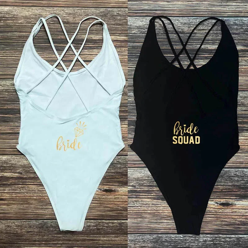 Swimwear Women Bachelorette Party One Piece Swimsuit Bride & Bride Squad Bathing Suit High Cut Cross Back Summer Beachwear 2XL