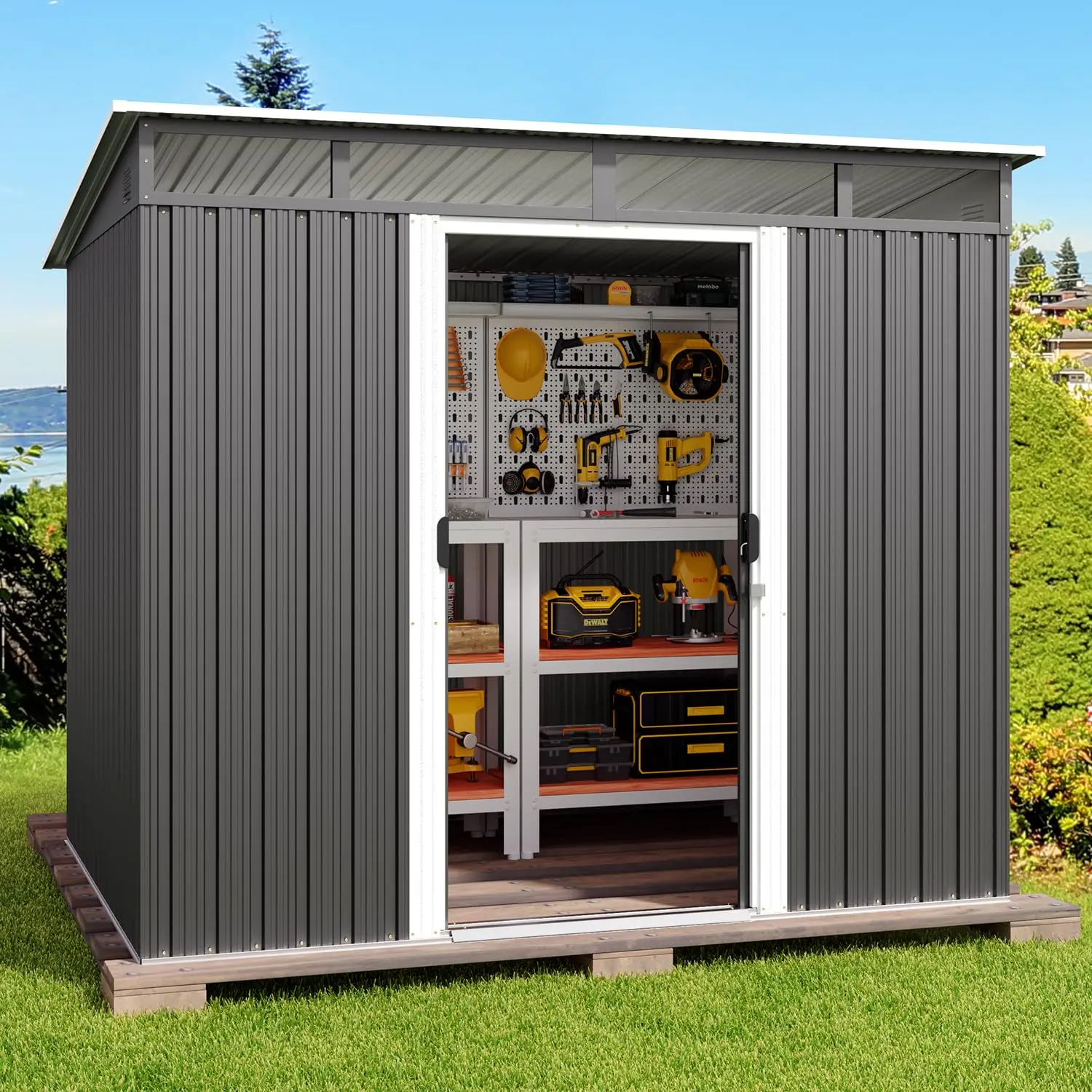 Metal Outdoor Storage Shed with Lockable Sliding Doors & Clear Windows for Backyard Tool & Bike Storage, 7.4'x5.3', Customized