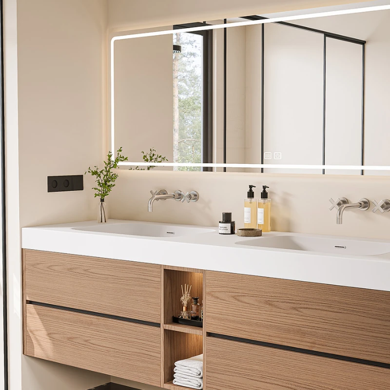 

Rock slab integrated double basin simple wind rubber wood bathroom cabinet combination washbasin