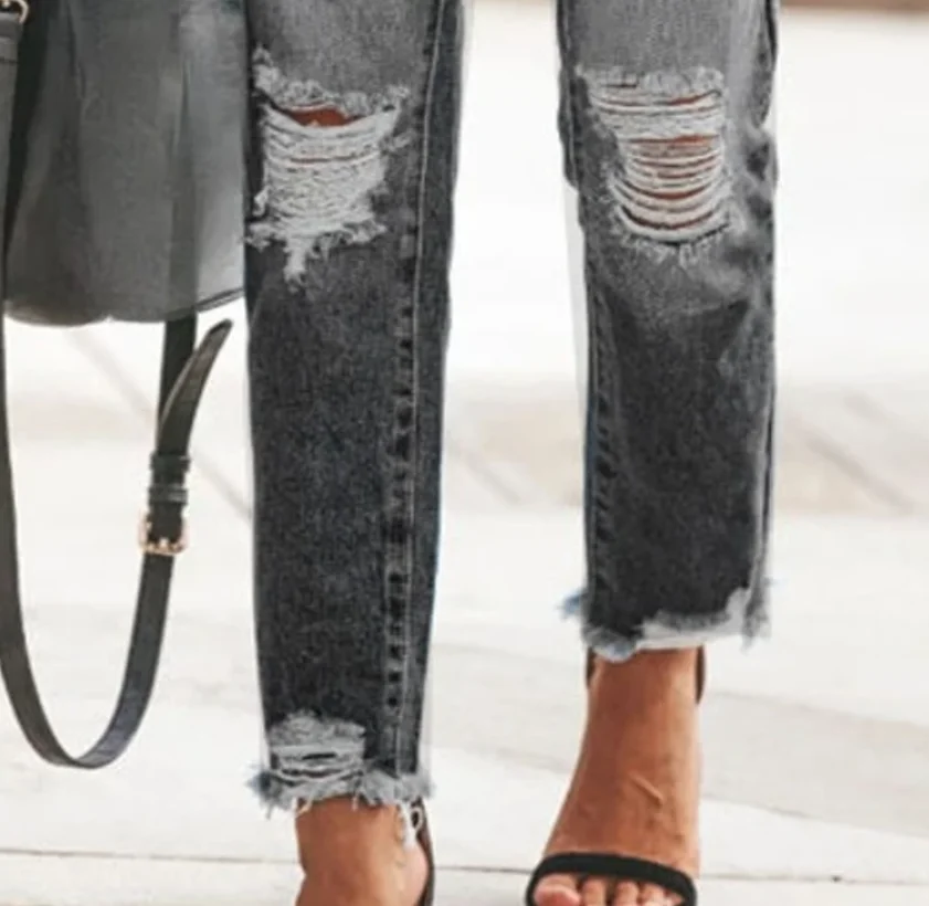 

2025 New Women's Mid Waist Ripped Jeans Fashion Casual Ankle-Length Denim Straight Leg Pants Gray/Blue Drop Shipping