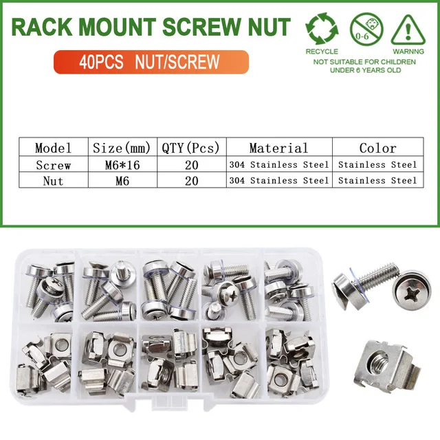 M5 M6 Cage Nuts Bolts Washers Metric Square Hole Hardware Server Rack Screw Mount Clip Nuts Assortment Kit Set