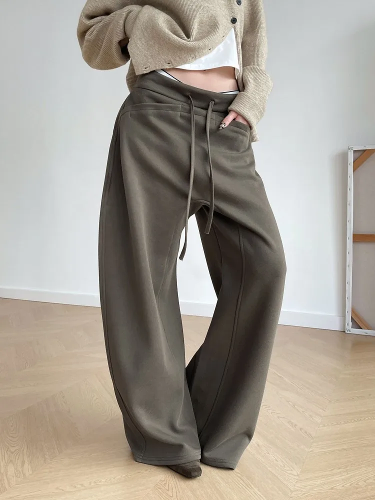 American Style Women Loose Fit Straight Pants Elastic Waist Long Trousers Cargo Pants Lady High Street Mid Waist Wide Leg Pants