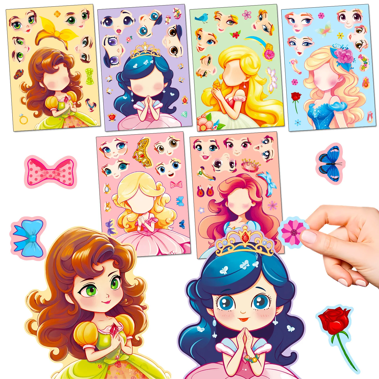 

6-Pack Princess Face Change Sticker Sheets, DIY Creative Puzzle Stickers for Girls, Educational & Fun Art Activity Toy ﻿