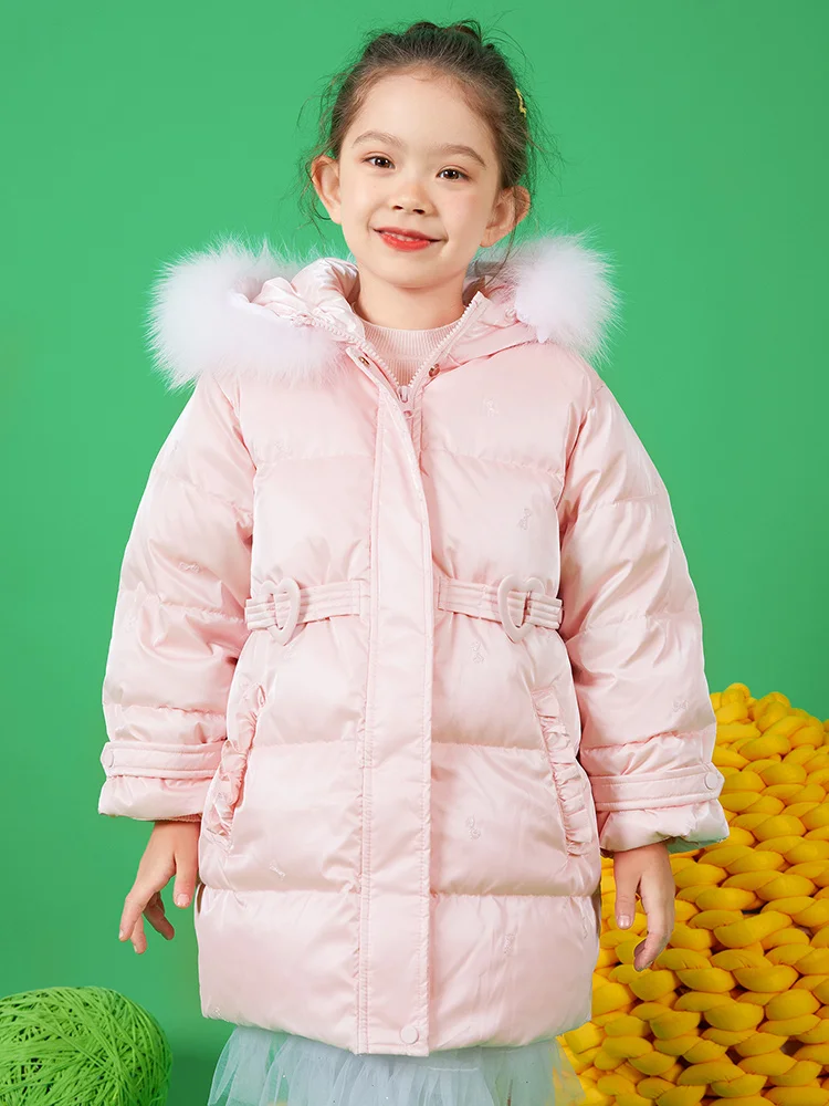 90% White Duck Down Long Parka Thick Warm 2022 Winter 3T Kids Clothing Fur Collar Pink Cute Fashion Coats Heart Elastic Girdle