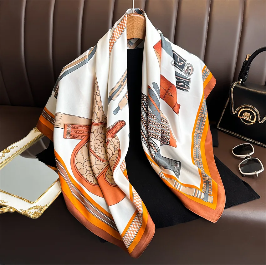 New 90*90cm Fashion Square Scarves Women Shawl Print Silk Satin Hijab Female Bandana Luxury Brand Ladie Bandanna Foulard Muffler