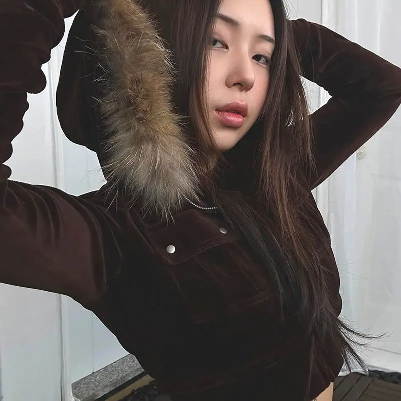 Cropped Trendy Velvet Pocket Cargo Jacket, High-waisted Skinny Hottie Fur Hooded Sweatshirt