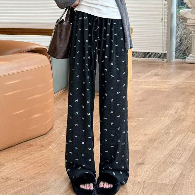 Korean Style Fashion Sweet Bow Drawstring High Waist Wide Leg Pants