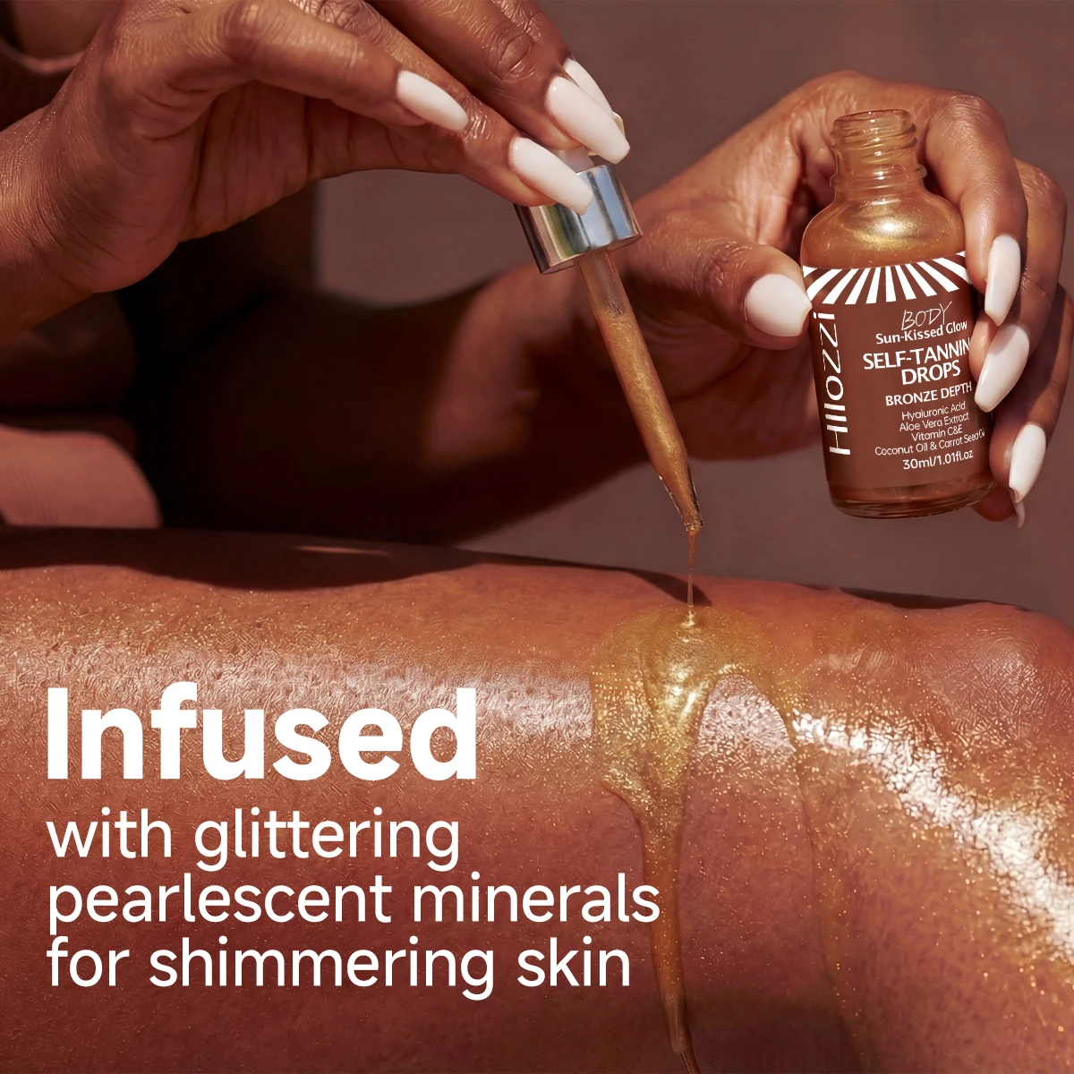 SELF-TANNING DROPS-BRONZE contain shimmering pearlescent minerals that make the skin glow beautifully Suitable for all skin type