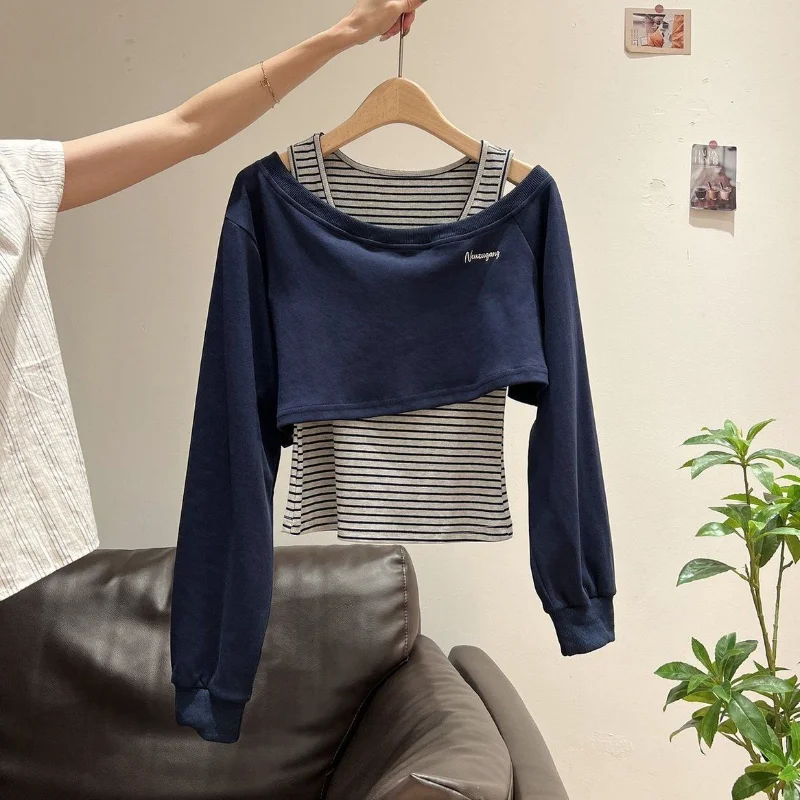 شيا Zhenhua رمادي خارج الكتف طويلة الأكمام مخطط البلوز المرأة 2025 الخريف تصميم مطابقة سترة قطعتين مجموعة #4