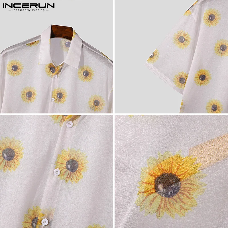 INCERUN Tops 2024 Korean Style Men Dense Mesh Perspective Sunflower Printed Shirts Summer Casual Male Short Sleeved Blouse S-5XL