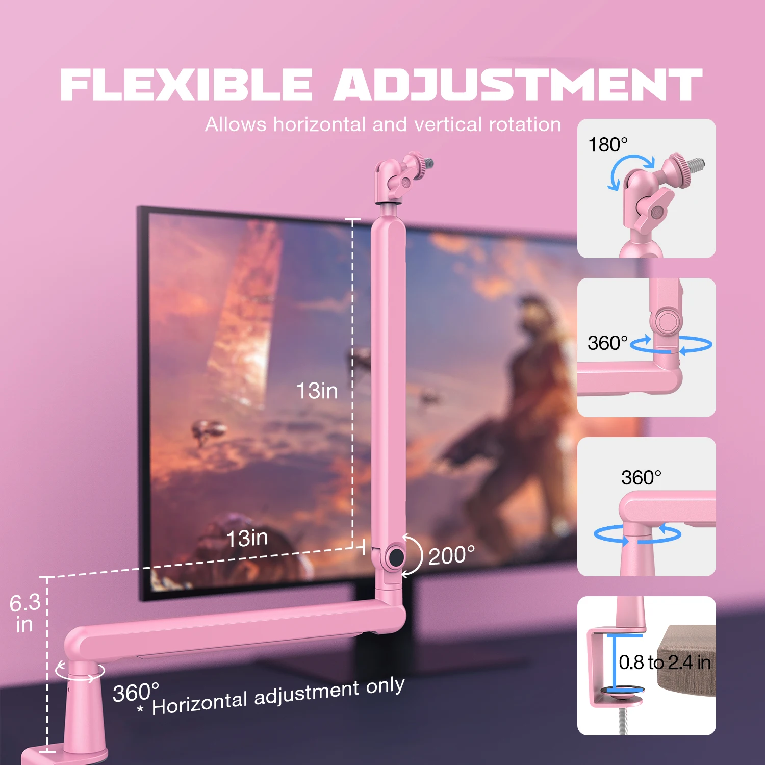 Fifine Mikrofon Low Profile Boom, Metall verstellbarer Mikrofon arm mit Kabel management/C-Klemme für Streaming am8, K688-BM88P-Pink