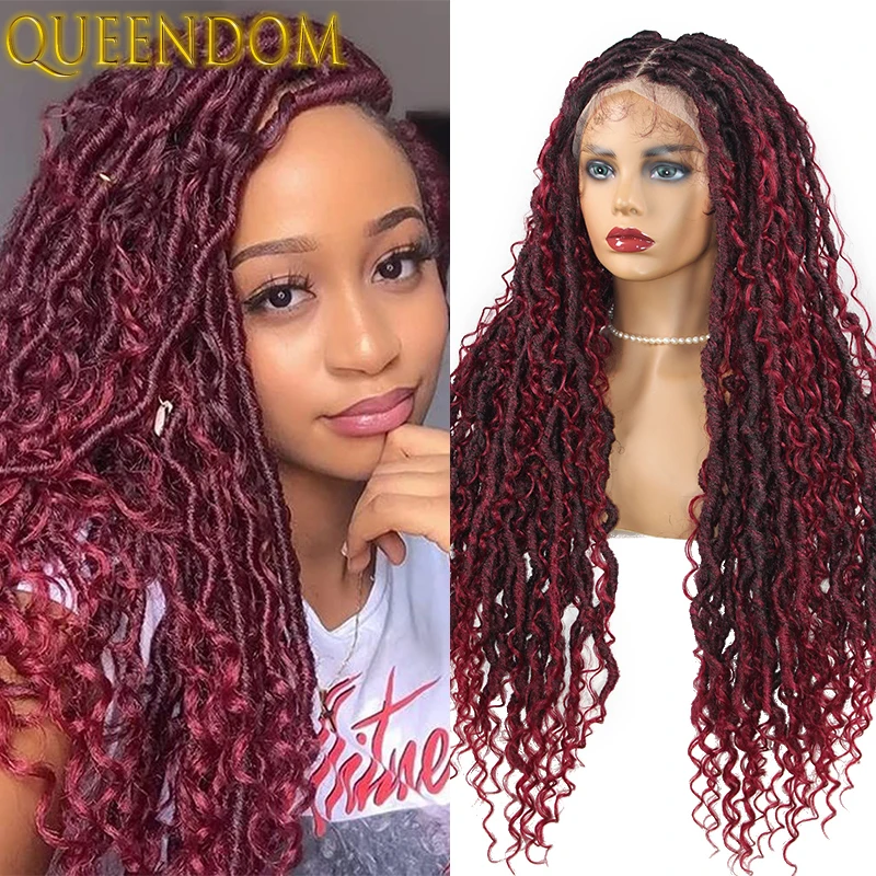 32 Inch Wine Red Box Braided Full Lace Wig Boho Water Wave Lace Front Braids Wig Wih Baby Hair Synthetic Braid Lace Frontal Wigs