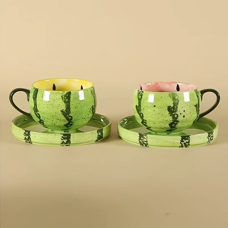 1 Pcs Cappuccino Latte Coffee Cup And Dishes Watermelon Shape Ceramic Mug And Plate Set Rustic Style Home Office Drinking Glass