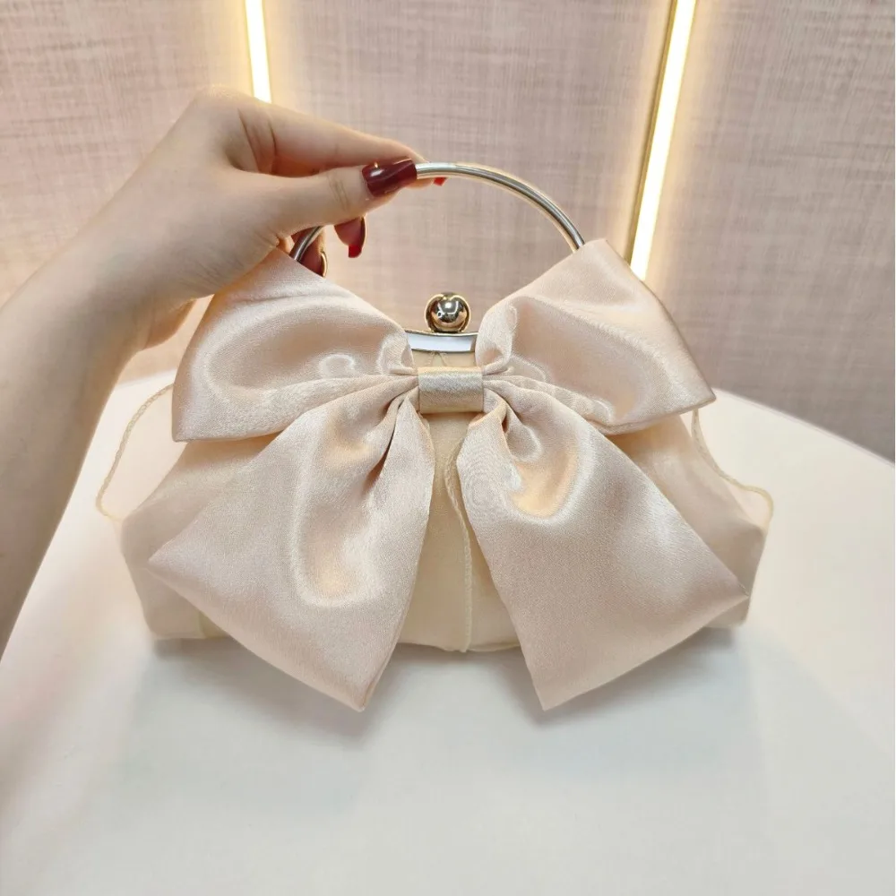 

Elegant Bridal Clutch Bag Satin Bow White/Gold Bow Evening Handbag Metal Handle Chain Shoulder Strap Wedding Purse Banquet