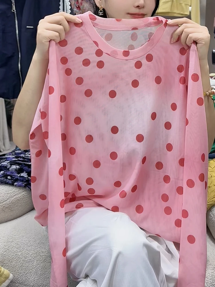 

Spring 2025 Large Size Retro Polka Dot Net Sun Protection Top Slimming Faionable round Dot Commute Sle Korean Version