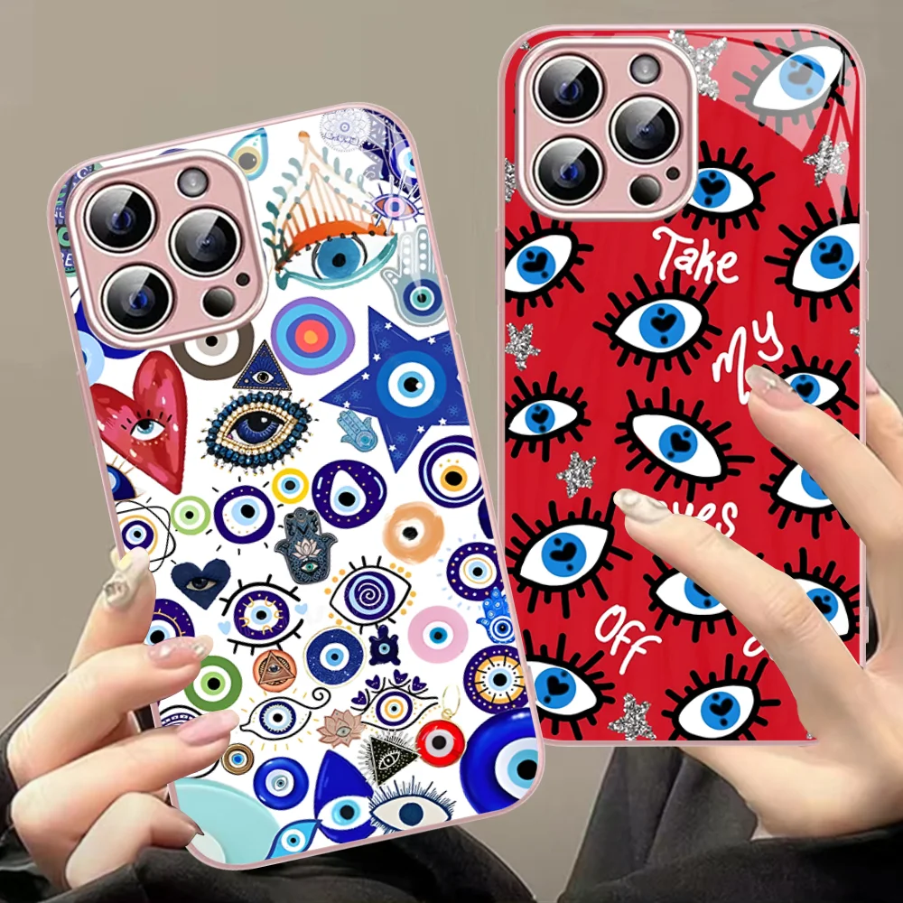 Funny Turkish Lucky Blue Evil Eye Phone Case For iPhone 14 13 12 Mini 11 Pro XS Max X XR 14 Plus Tempered Glass Cover