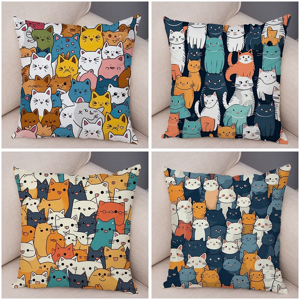 Cute Pet Hello Cat Cushion Cover Double Print Soft Plush Pillowcase for Sofa Home Car Decor Cartoon Animal Pillows Case 45x45cm