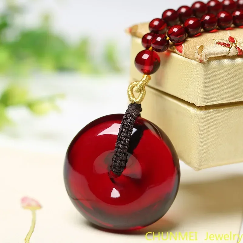 

Myanmar Blood Red Amber Safety Buckle Pendant Necklace Raw Ore BALTIC AMBER PENDANT Men's and Women's Sweater Chain Necklace