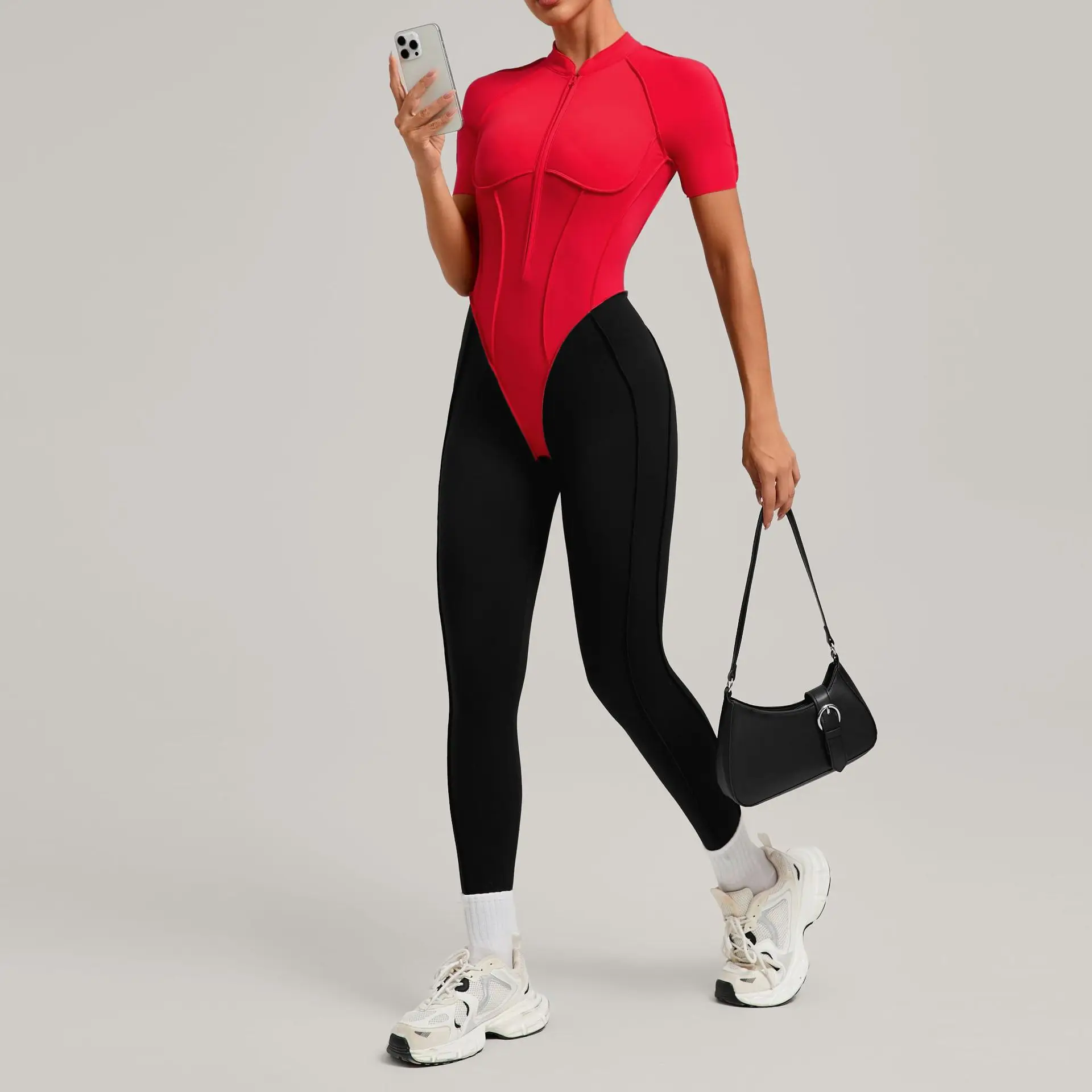 

Long Sleeve Jumpsuits Women Zipper Workout Bodysuit Sports Tracksuit with Pad One-piece Rompers Slim Jogging Tights Yoga Suits