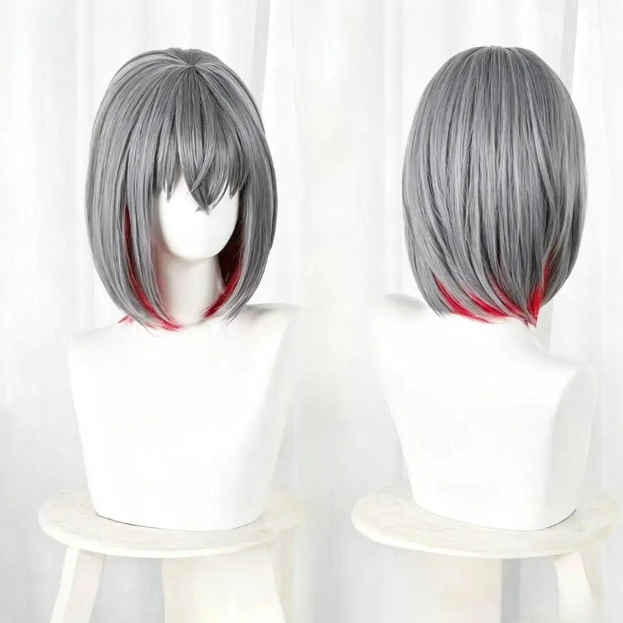 Magical Girl Witch Trials Shitou Arisa Cosplay Wig Gray Red Inner Gradient Bob Wig High Temperature Matte Hair for Halloween
