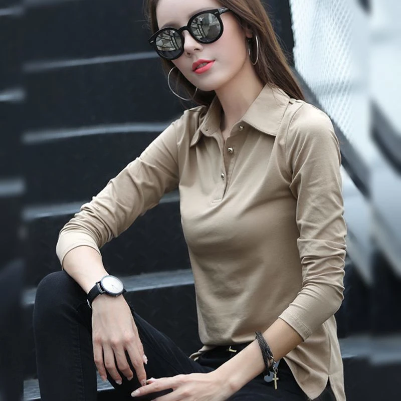 

Autumn Essential Slim Fit Long Sleeve Top Versatile Collared Shirt for Women Pure Color Base Layer