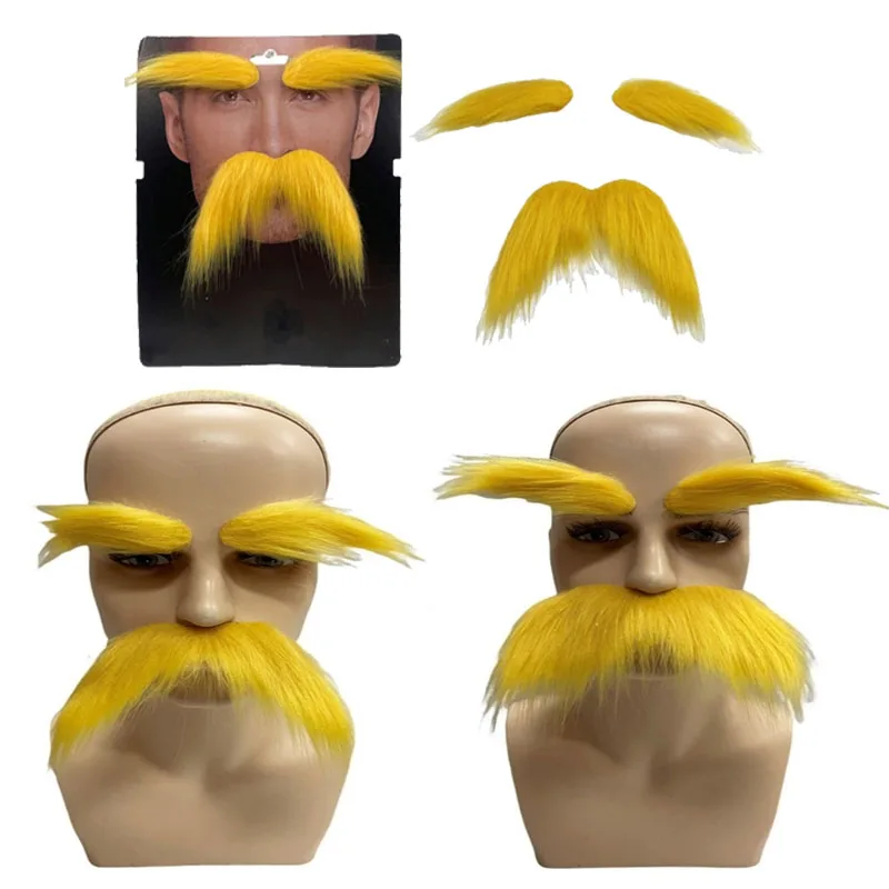 3Pcs Adult Kid Self Adhesive Yellow Fake Beard Mustaches and Eyebrow Set Festival Party Cosplay Outfit Accessories for Men Women