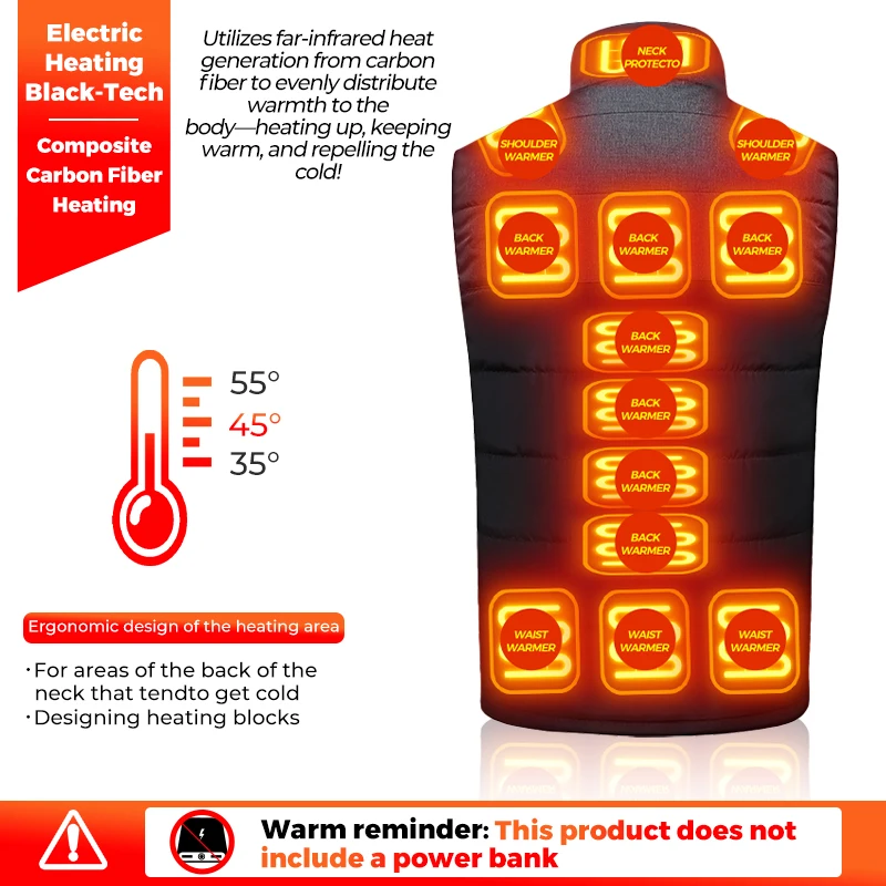 Intelligente beheizte Weste mit 21 Heizzonen, die den gesamten Körper wärmt, USB-Heizung, Winter-Thermo-Weste zum Skifahren, Camping, Winter, ärmellose Jacke, Weste. – Detail 3